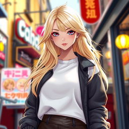 A stunning blonde anime girl with large breasts, wearing a cozy white cotton sweatshirt paired with a stylish leather skirt