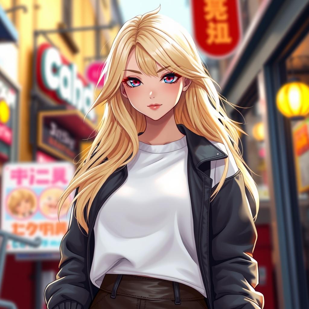 A stunning blonde anime girl with large breasts, wearing a cozy white cotton sweatshirt paired with a stylish leather skirt