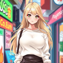 A stunning blonde anime girl with large breasts, wearing a cozy white cotton sweatshirt paired with a stylish leather skirt