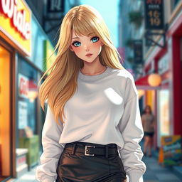 A stunning blonde anime girl with large breasts, wearing a cozy white cotton sweatshirt paired with a stylish leather skirt