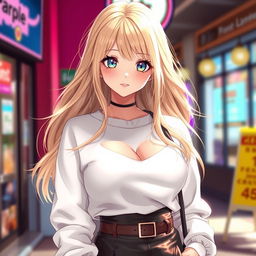 A stunning blonde anime girl with large breasts, wearing a cozy white cotton sweatshirt paired with a stylish leather skirt