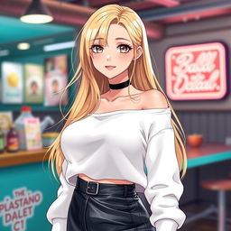 A captivating blonde anime girl with large breasts, wearing a fashionable white shoulderless cotton sweatshirt that highlights her elegant shoulders, paired with a chic leather skirt