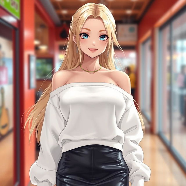 A captivating blonde anime girl with large breasts, wearing a fashionable white shoulderless cotton sweatshirt that highlights her elegant shoulders, paired with a chic leather skirt