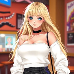 A captivating blonde anime girl with large breasts, wearing a fashionable white shoulderless cotton sweatshirt that highlights her elegant shoulders, paired with a chic leather skirt
