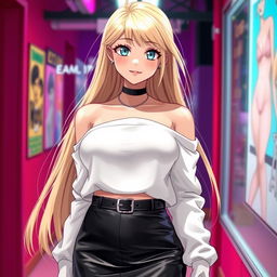 A captivating blonde anime girl with large breasts, wearing a fashionable white shoulderless cotton sweatshirt that highlights her elegant shoulders, paired with a chic leather skirt