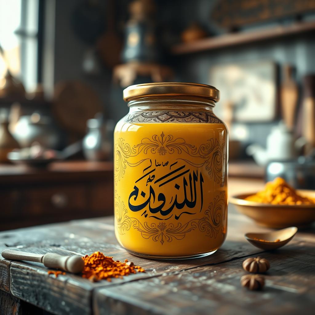 A beautifully designed jar of ghee with intricate decorations, prominently featuring the name 'Al-Zarkali' in elegant Arabic calligraphy