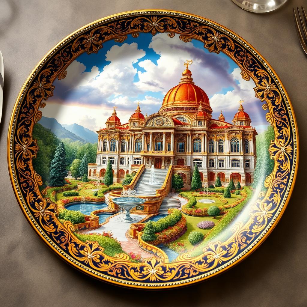 A luxurious and ornately designed dinner plate featuring a stunning giant palace that embodies the elegance and grandeur of the Zirkali brand