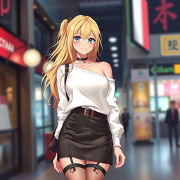 A beautiful blonde anime girl with large breasts, wearing a trendy white shoulderless cotton sweatshirt that accentuates her shoulders, paired with a stylish leather skirt