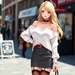 A beautiful blonde anime girl with large breasts, wearing a trendy white shoulderless cotton sweatshirt that accentuates her shoulders, paired with a stylish leather skirt