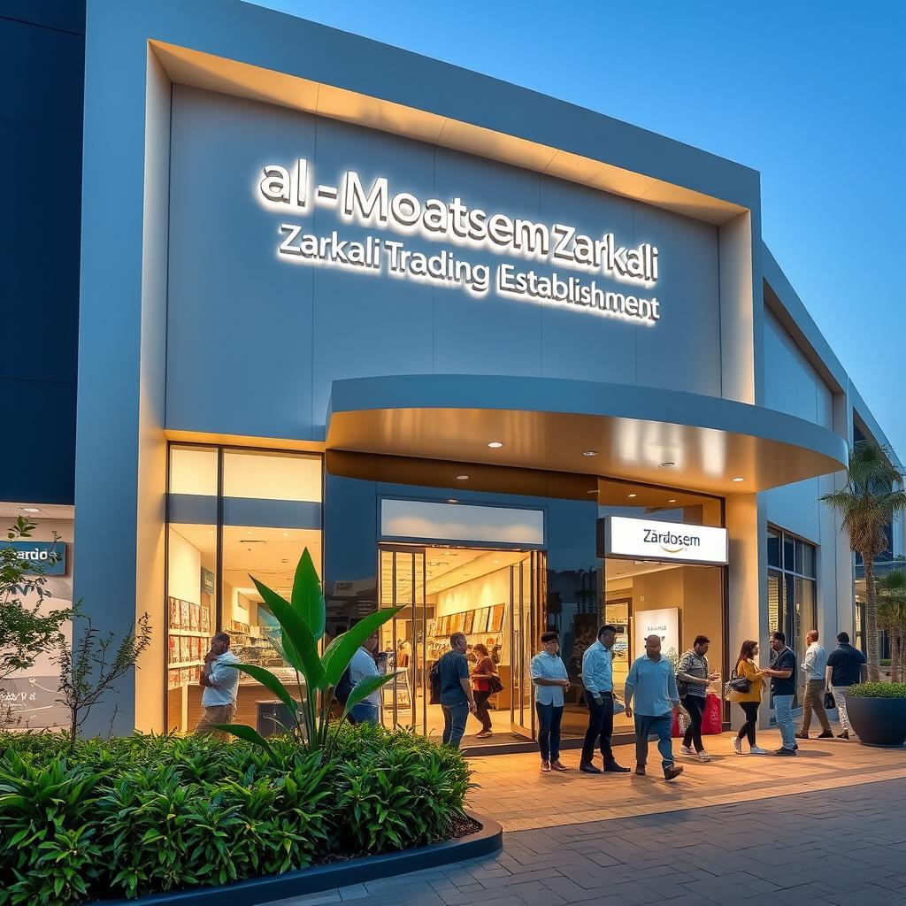 An exterior view of a modern trading establishment named Al-Moatasem Zarkali Trading Establishment