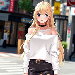 A gorgeous blonde anime girl with large breasts, wearing a trendy white shoulderless cotton sweatshirt that showcases her shoulders beautifully