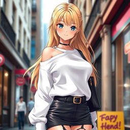 A gorgeous blonde anime girl with large breasts, wearing a trendy white shoulderless cotton sweatshirt that showcases her shoulders beautifully