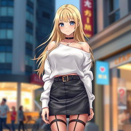 A gorgeous blonde anime girl with large breasts, wearing a trendy white shoulderless cotton sweatshirt that showcases her shoulders beautifully