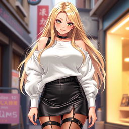 A gorgeous blonde anime girl with large breasts, wearing a trendy white shoulderless cotton sweatshirt that showcases her shoulders beautifully