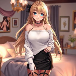 A stunning blonde anime girl with large breasts, elegantly dressed in a white shoulderless cotton sweatshirt that accentuates her shoulders, complemented by a stylish leather skirt