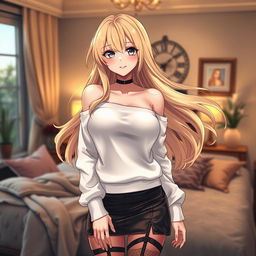 A stunning blonde anime girl with large breasts, elegantly dressed in a white shoulderless cotton sweatshirt that accentuates her shoulders, complemented by a stylish leather skirt