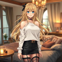 A stunning blonde anime girl with large breasts, elegantly dressed in a white shoulderless cotton sweatshirt that accentuates her shoulders, complemented by a stylish leather skirt