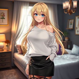 A stunning blonde anime girl with large breasts, elegantly dressed in a white shoulderless cotton sweatshirt that accentuates her shoulders, complemented by a stylish leather skirt