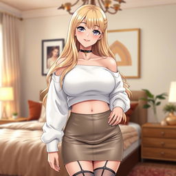 A stunning blonde anime girl with large breasts, dressed in a fashionable white crop shoulderless cotton sweatshirt that beautifully highlights her shoulders and midriff