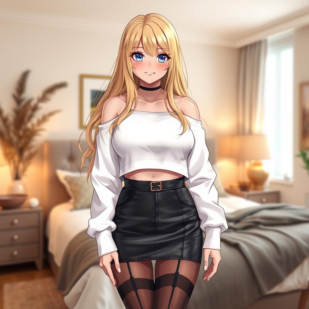 A stunning blonde anime girl with large breasts, dressed in a fashionable white crop shoulderless cotton sweatshirt that beautifully highlights her shoulders and midriff