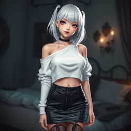 A stunning gothic anime girl with striking white hair and large breasts, dressed in a fashionable white crop shoulderless cotton sweatshirt that highlights her shoulders and midriff