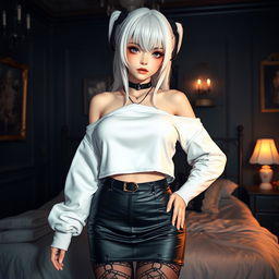 A stunning gothic anime girl with striking white hair and large breasts, dressed in a fashionable white crop shoulderless cotton sweatshirt that highlights her shoulders and midriff