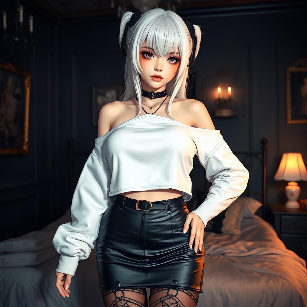 A stunning gothic anime girl with striking white hair and large breasts, dressed in a fashionable white crop shoulderless cotton sweatshirt that highlights her shoulders and midriff