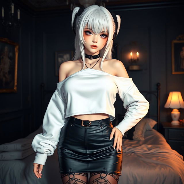 A stunning gothic anime girl with striking white hair and large breasts, dressed in a fashionable white crop shoulderless cotton sweatshirt that highlights her shoulders and midriff