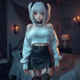A stunning gothic anime girl with striking white hair and large breasts, dressed in a fashionable white crop shoulderless cotton sweatshirt that highlights her shoulders and midriff