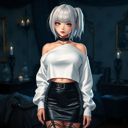 A stunning gothic anime girl with striking white hair and large breasts, dressed in a fashionable white crop shoulderless cotton sweatshirt that highlights her shoulders and midriff