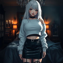 A captivating gothic anime girl with striking white hair and large breasts, dressed in a trendy white crop shoulderless cotton sweatshirt that beautifully showcases her figure