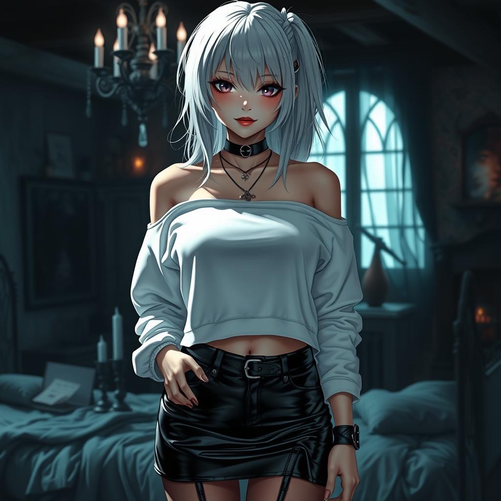 A captivating gothic anime girl with striking white hair and large breasts, dressed in a trendy white crop shoulderless cotton sweatshirt that beautifully showcases her figure