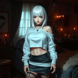 A captivating gothic anime girl with striking white hair and large breasts, dressed in a trendy white crop shoulderless cotton sweatshirt that beautifully showcases her figure