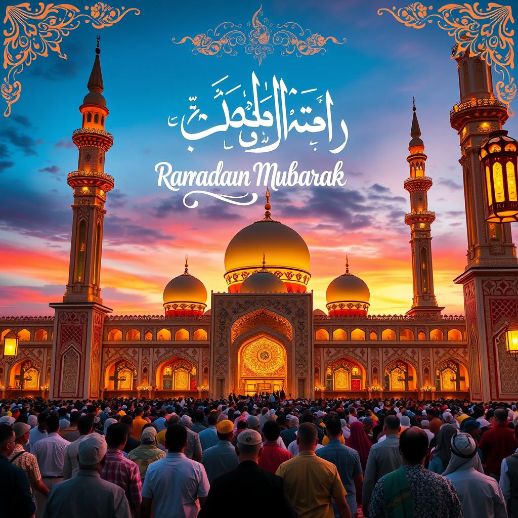 A beautifully decorated mosque during Ramadan, featuring intricate designs and glowing lights