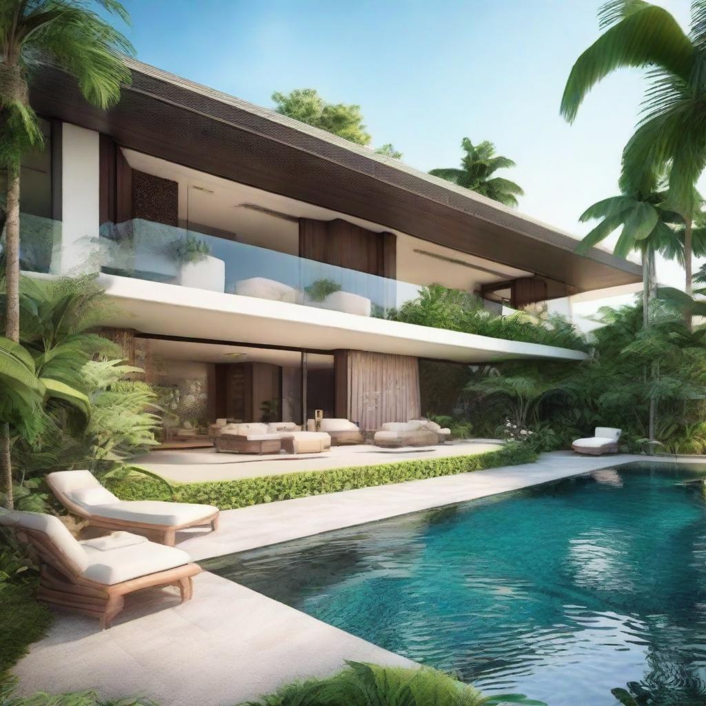 Transform the grand tropical estate into an exceptional mansion of unparalleled luxury and elegance. Incorporate eclectic and modern touches like a helipad, a private beach, a much grander infinity pool, and a uniquely designed landscaped garden filled with exotic plants.