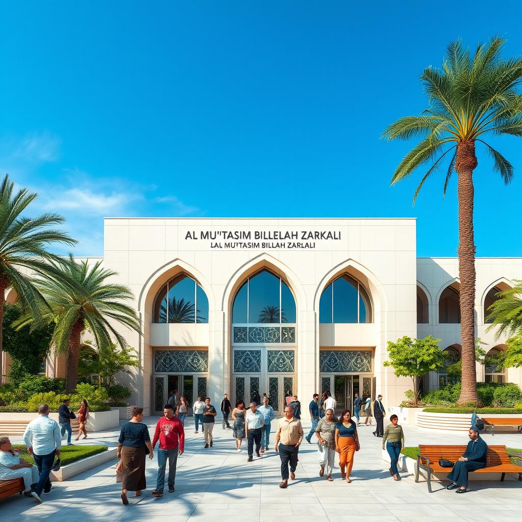A modern and elegant architectural design of a cultural center named 'Al-Mu'tasim Billah Zarkali', showcasing grand entrance doors with intricate Islamic patterns
