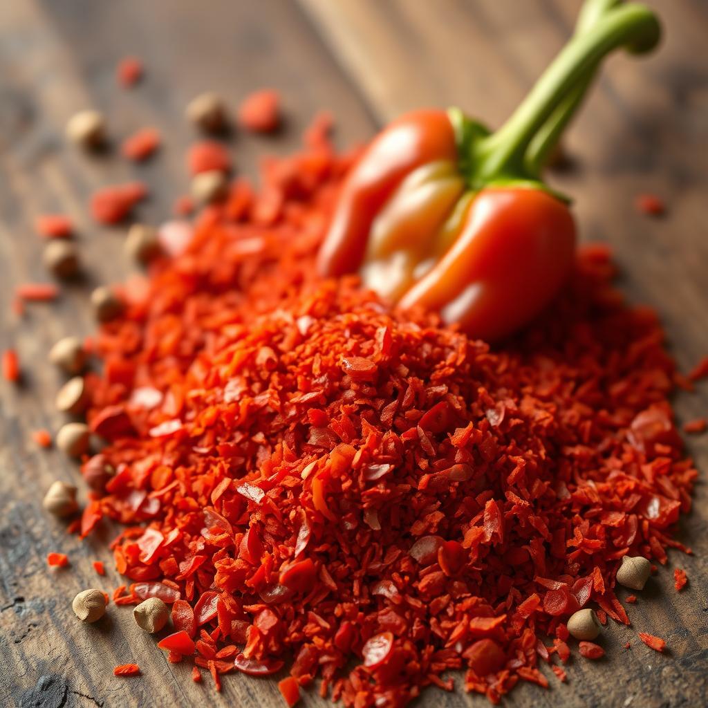 A vibrant red bell pepper pepper (فليفله حمراء) finely ground, presented in an artistic and visually appealing manner, showcasing its rich color and texture
