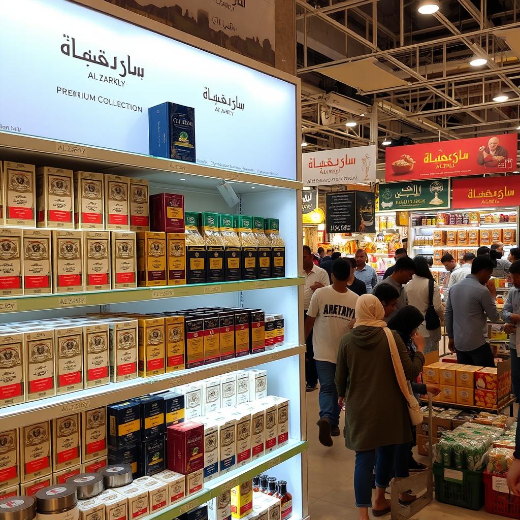 Shelves in a commercial market showcasing a premium collection of 'Al-Zarkly' brand products