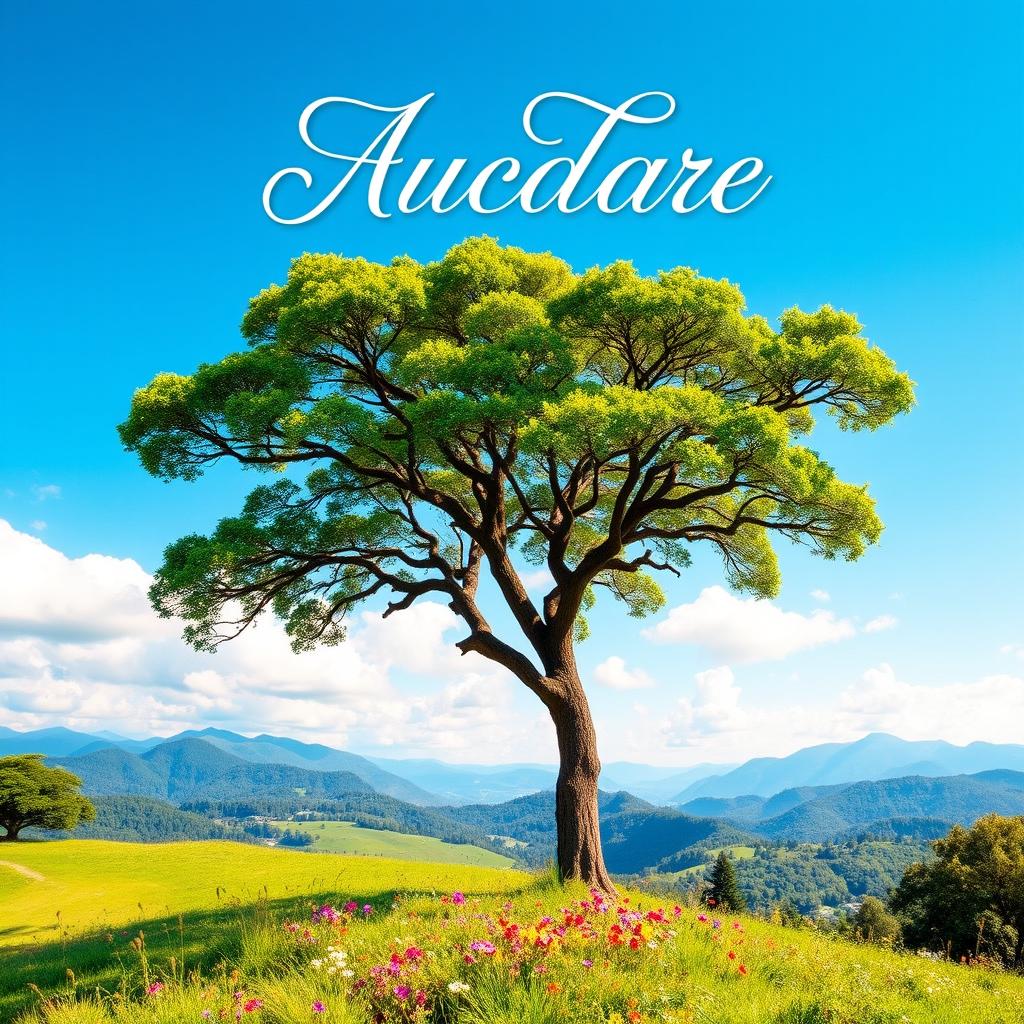 A stunning and vibrant book cover design featuring a picturesque landscape of a lush green valley under a bright blue sky