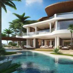 Transform the grand tropical estate into an exceptional mansion of unparalleled luxury and elegance. Incorporate eclectic and modern touches like a helipad, a private beach, a much grander infinity pool, and a uniquely designed landscaped garden filled with exotic plants.