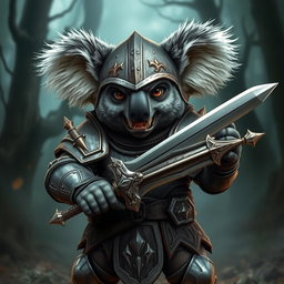 A fierce armored warrior koala, standing proudly with a menacing expression, showcasing its sharp teeth