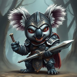 A fierce armored warrior koala, standing proudly with a menacing expression, showcasing its sharp teeth