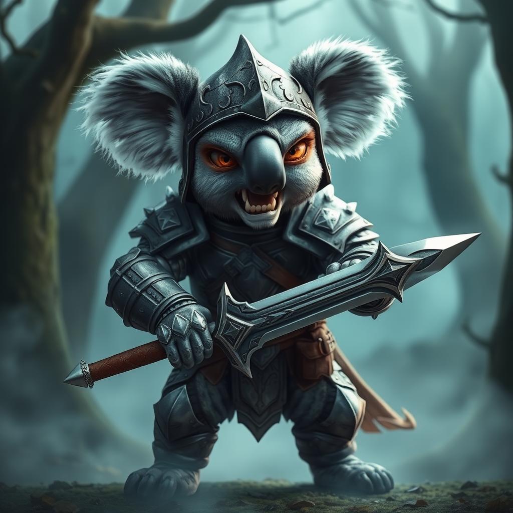 A fierce armored warrior koala, standing proudly with a menacing expression, showcasing its sharp teeth