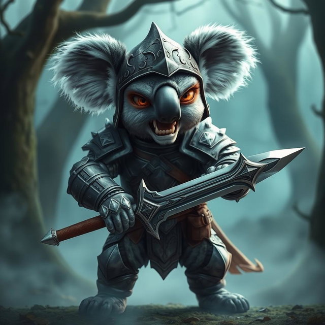 A fierce armored warrior koala, standing proudly with a menacing expression, showcasing its sharp teeth