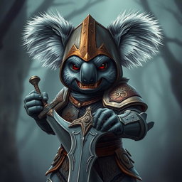 A fierce armored warrior koala, standing proudly with a menacing expression, showcasing its sharp teeth