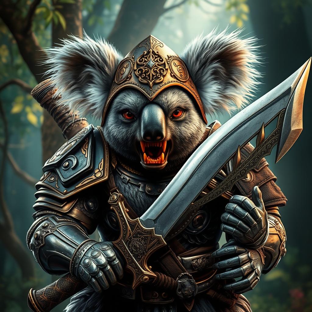 A fierce armored warrior koala, exhibiting a strong and intimidating presence while showing its sharp teeth