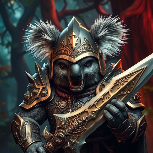 A fierce armored warrior koala, exhibiting a strong and intimidating presence while showing its sharp teeth