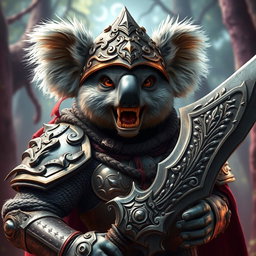 A fierce armored warrior koala, exhibiting a strong and intimidating presence while showing its sharp teeth