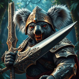 A fierce armored warrior koala, exhibiting a strong and intimidating presence while showing its sharp teeth