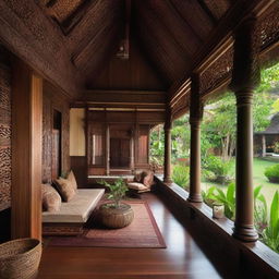 Create a traditional Javanese Joglo house, featuring ornate wooden carvings, steeply pitched roof, and open living areas. Incorporate a surrounding veranda and a beautifully manicured garden to complete this peaceful, cultural abode.